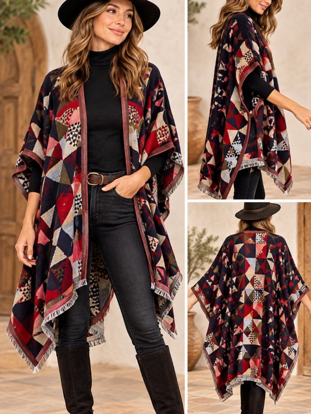 Uno Alla Volta Geometric Ruana Cape Wrap Poncho Armholes Boho One Size - Picture 2 of 8